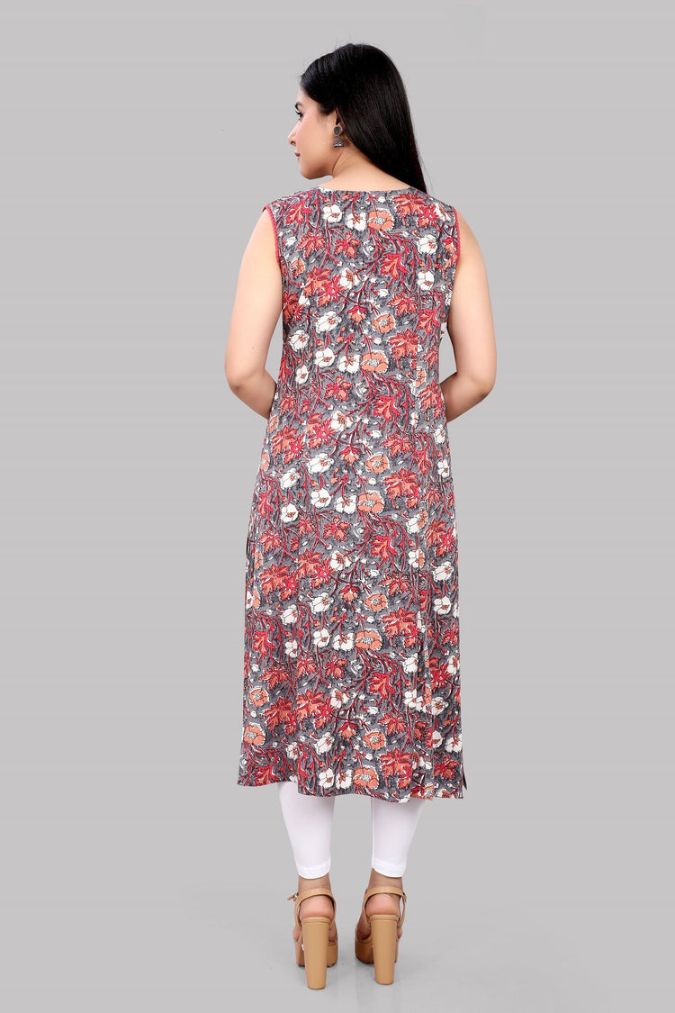 Haseena Gray & Off White Jaipuri Cotton Sleeveless Kurti