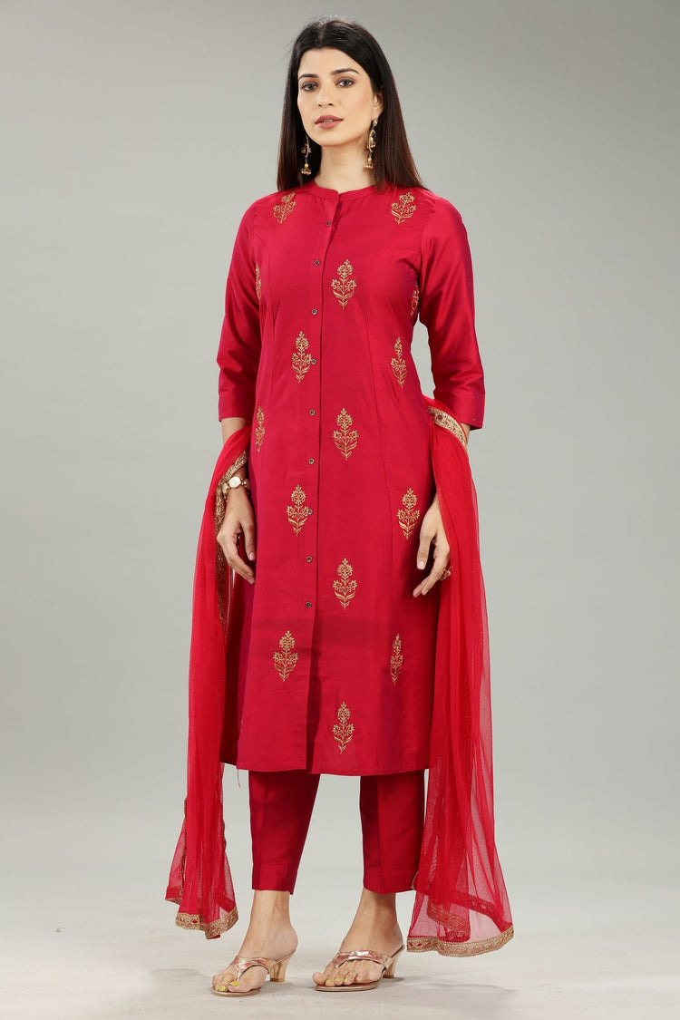 Idhitri Rani Pink Cotton Silk Embroidered Suit Set