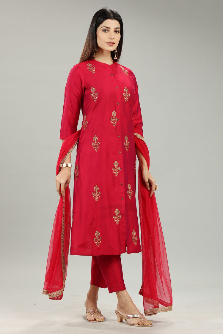 Idhitri Rani Pink Cotton Silk Embroidered Suit Set