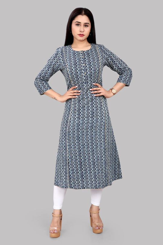 Humra Navy Blue Jaipuri Cotton A Line Kurta