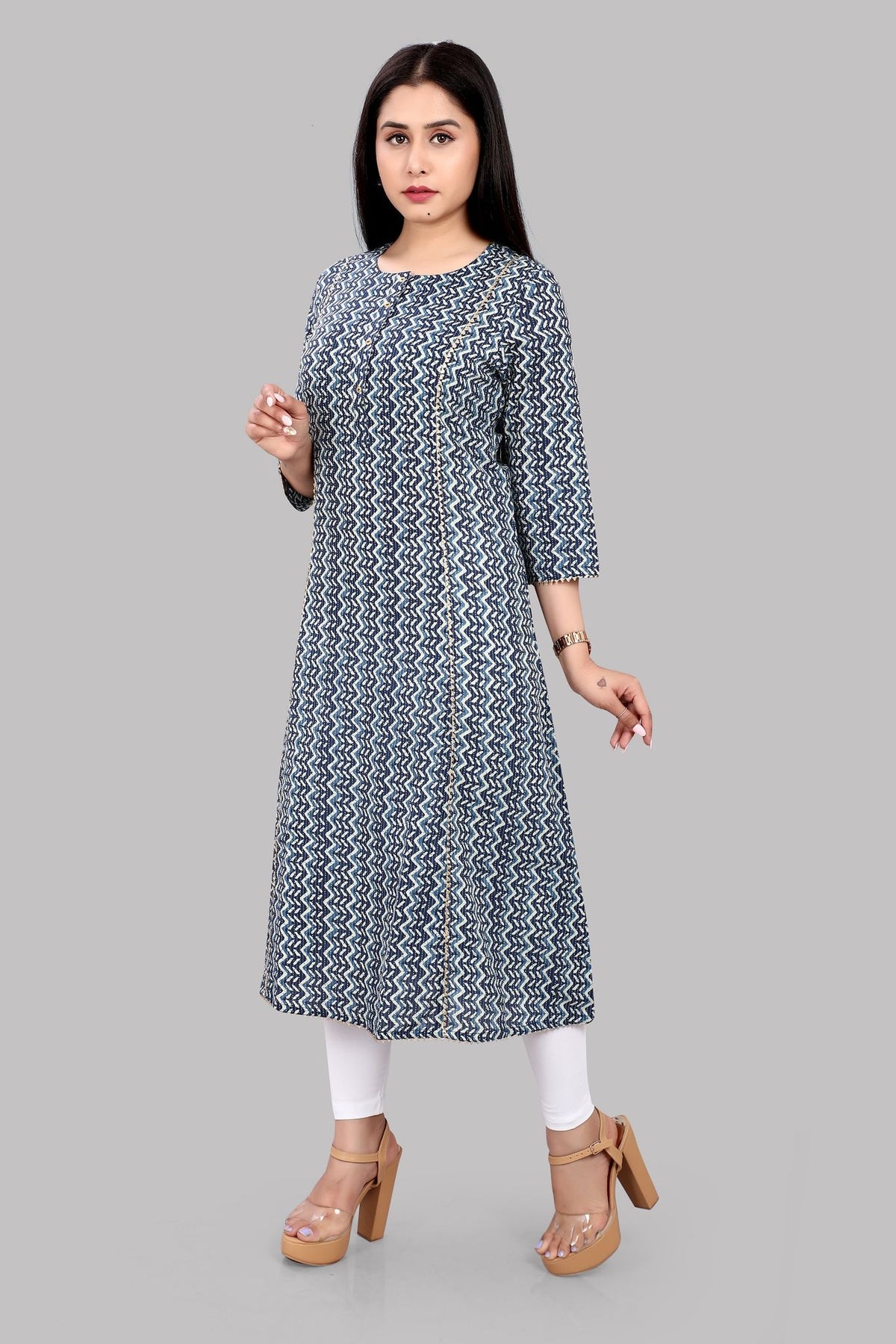 Humra Navy Blue Jaipuri Cotton A Line Kurta