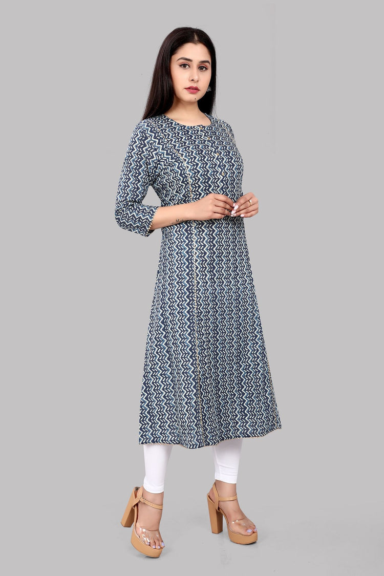 Humra Navy Blue Jaipuri Cotton A Line Kurta