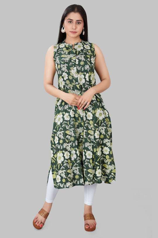 Inbihaj Green Rayon Printed Sleeves Kurti