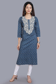 Iniya Navy Blue Cotton Embroidered Straight Kurti