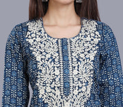 Iniya Navy Blue Cotton Embroidered Straight Kurti