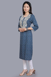 Iniya Navy Blue Cotton Embroidered Straight Kurti