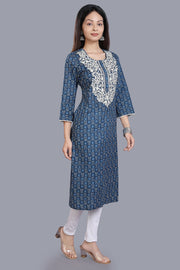 Iniya Navy Blue Cotton Embroidered Straight Kurti