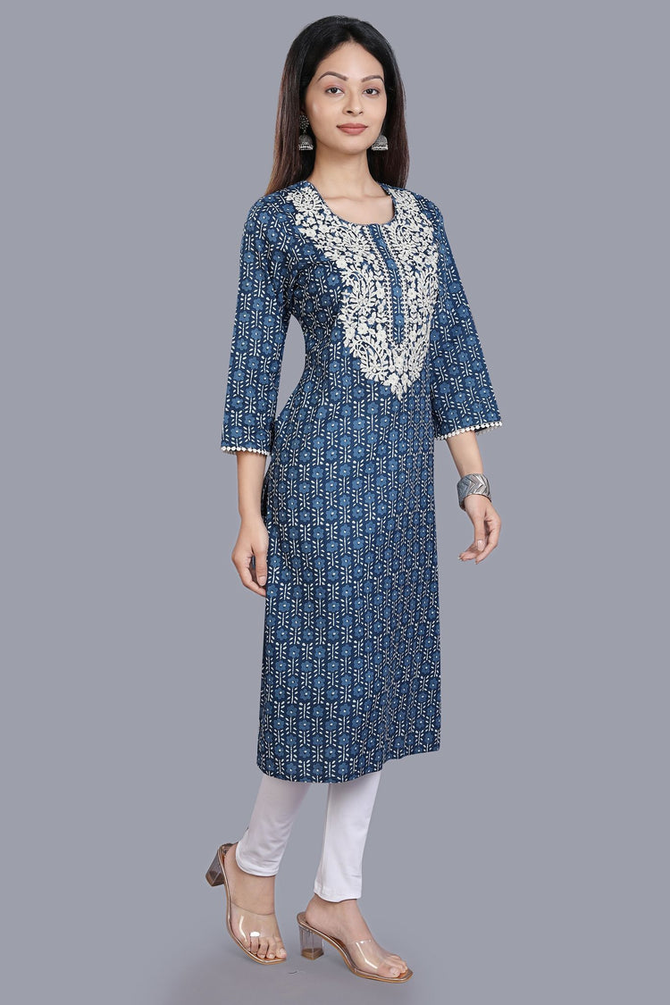 Iniya Navy Blue Cotton Embroidered Straight Kurti