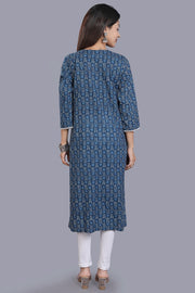 Iniya Navy Blue Cotton Embroidered Straight Kurti