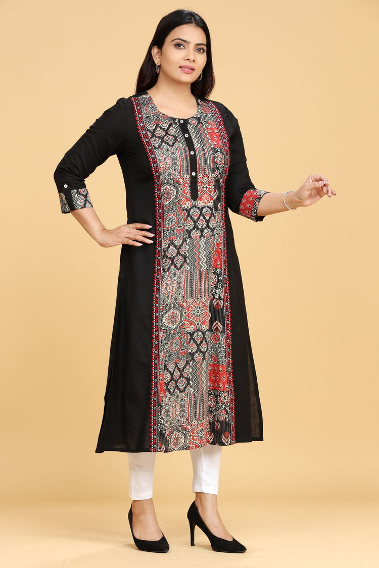 Iravati Black Cotton A-Line Kurta