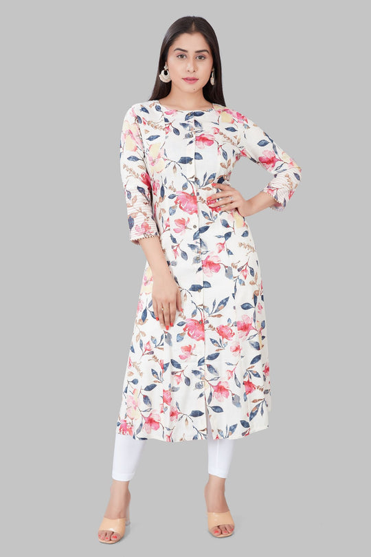Irha Cream & Rani Printed Rayon A Line Kurta