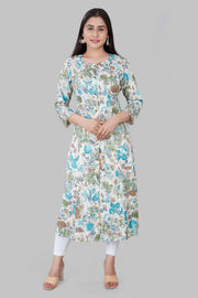 Irha Cream & Teal Printed Rayon A Line Kurta