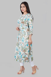 Irha Cream & Teal Printed Rayon A Line Kurta