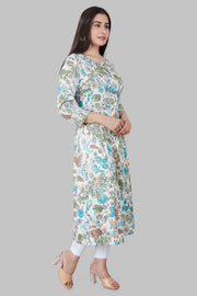 Irha Cream & Teal Printed Rayon A Line Kurta