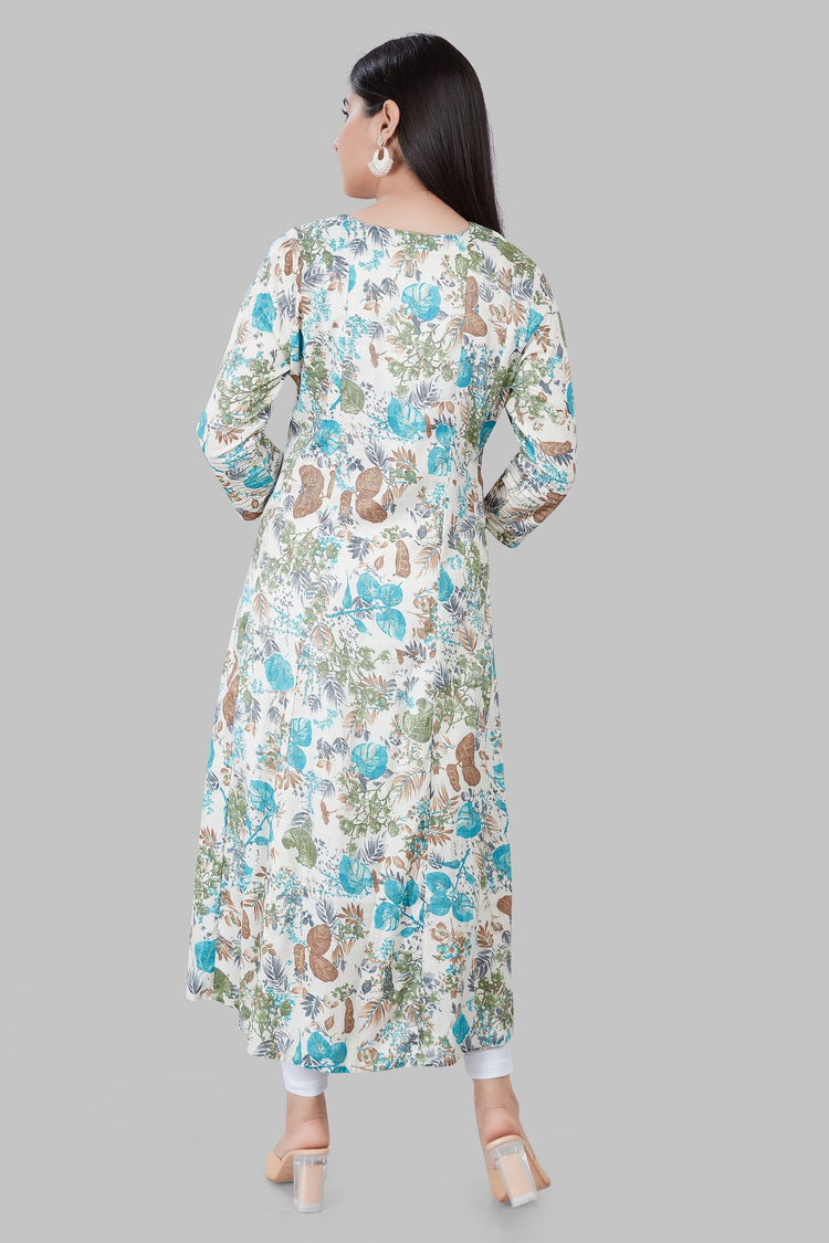 Irha Cream & Teal Printed Rayon A Line Kurta
