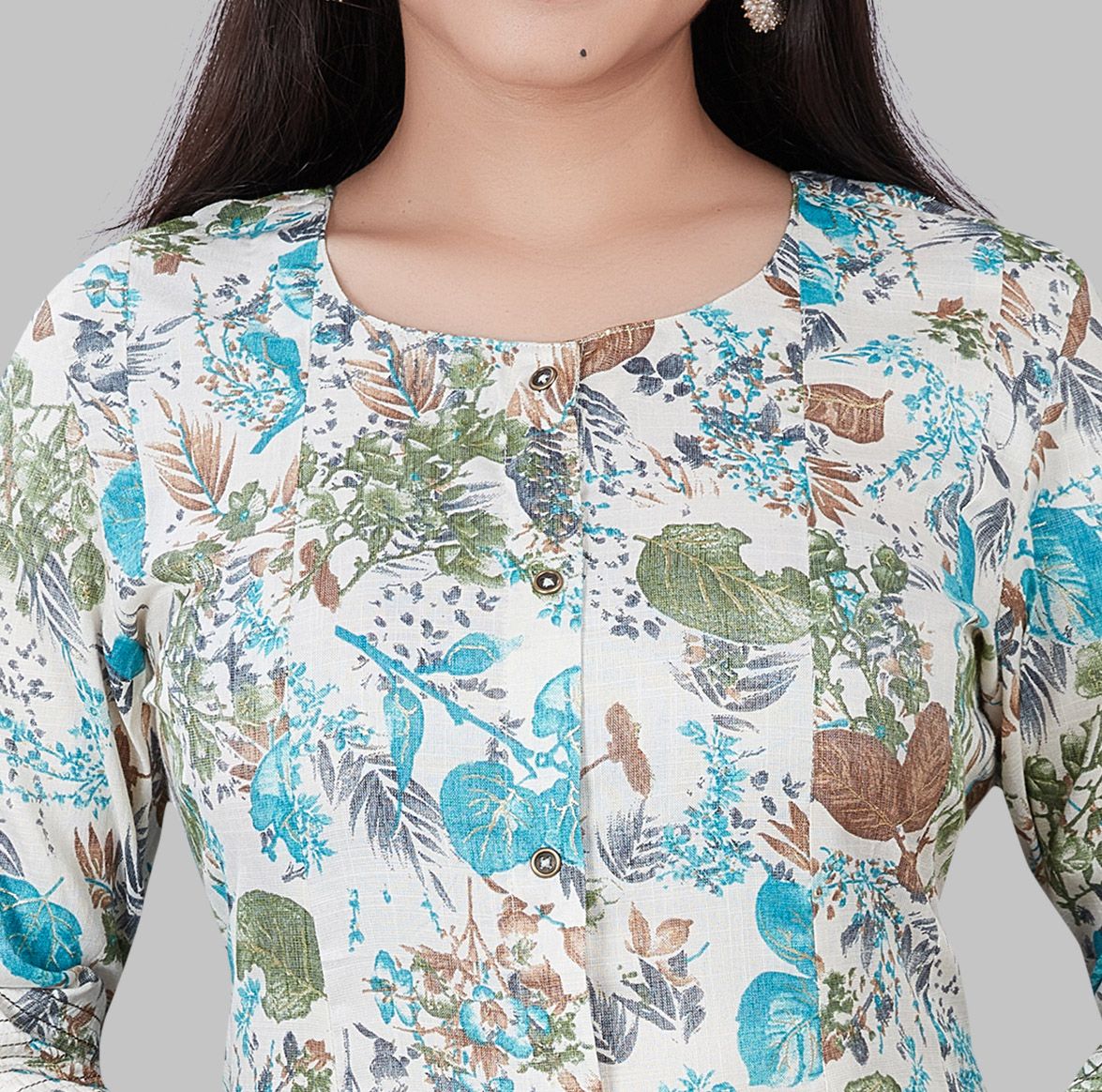 Irha Cream & Teal Printed Rayon A Line Kurta