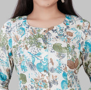 Irha Cream & Teal Printed Rayon A Line Kurta