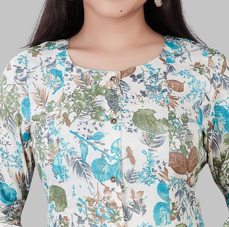 Irha Cream & Teal Printed Rayon A Line Kurta