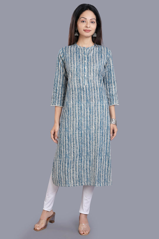 ishya Blue & Off White Cotton Flex Straight Kurtis