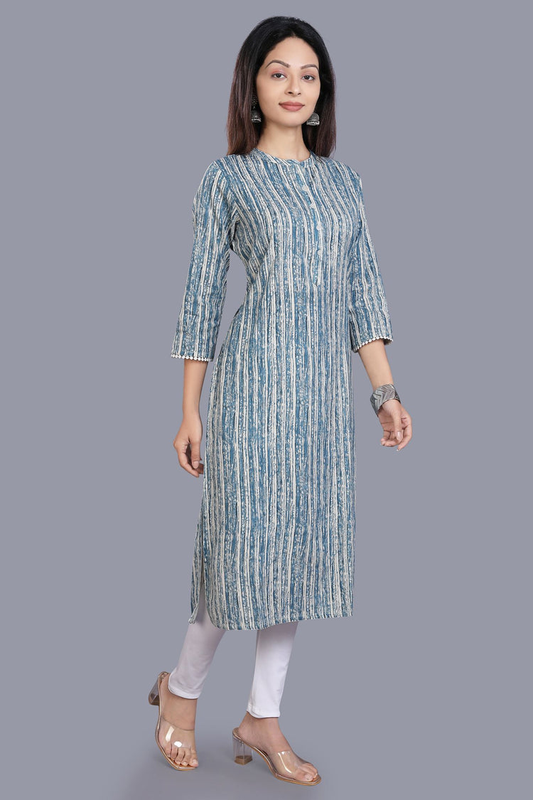 ishya Blue & Off White Cotton Flex Straight Kurtis