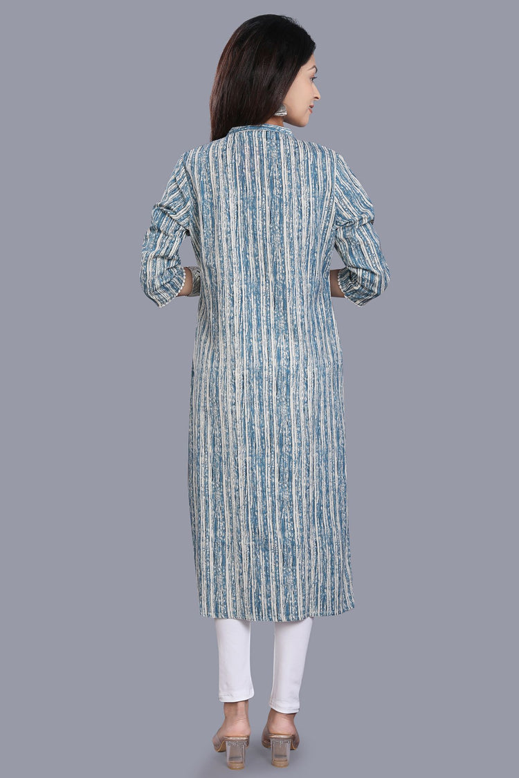ishya Blue & Off White Cotton Flex Straight Kurtis