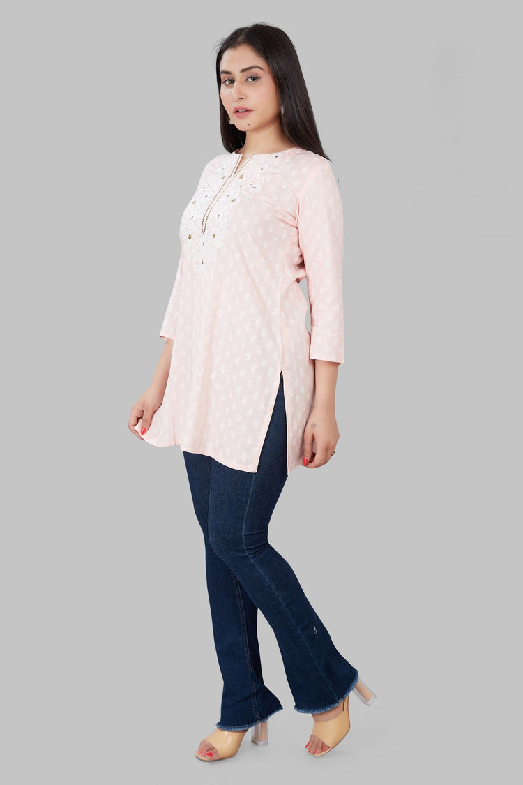 Jabeen Baby Pink Rayon Embroidered Short Kurti