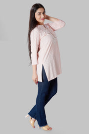 Jabeen Baby Pink Rayon Embroidered Short Kurti
