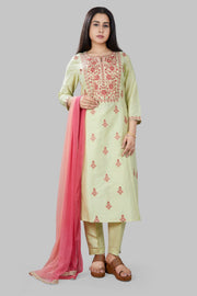 Jade Light Green Cotton Silk Embroidered Suit Set