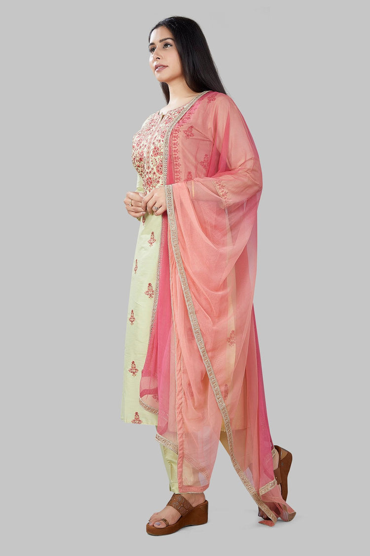 Jade Light Green Cotton Silk Embroidered Suit Set