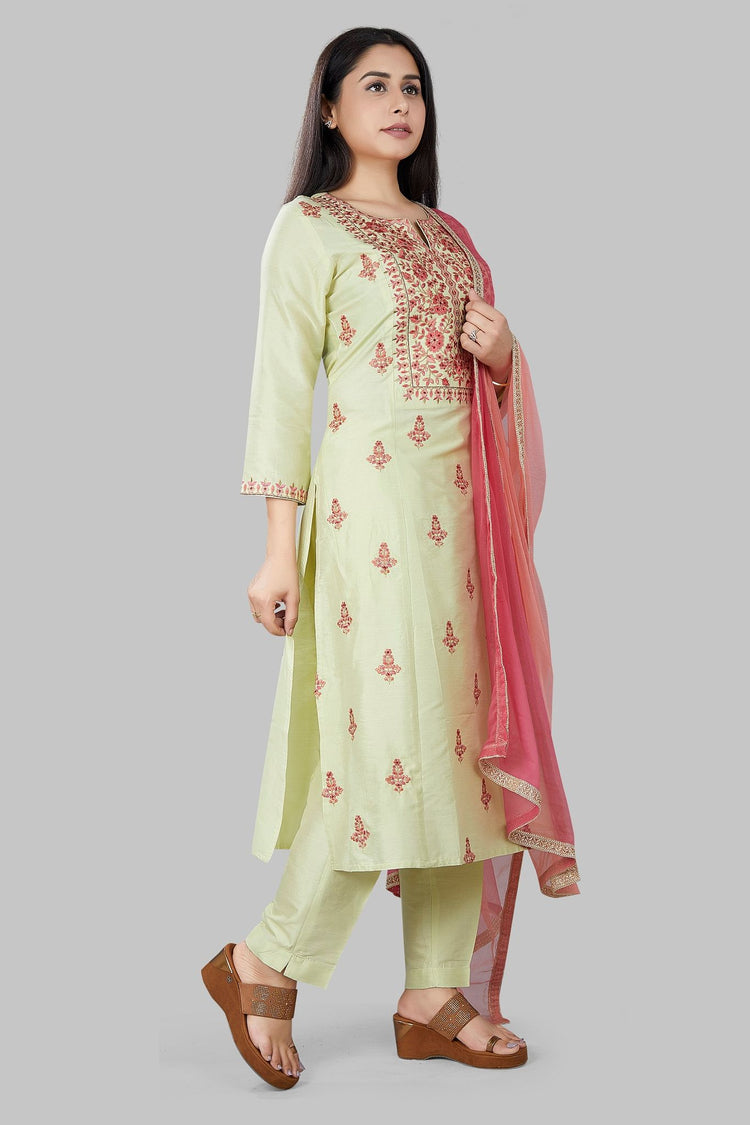 Jade Light Green Cotton Silk Embroidered Suit Set