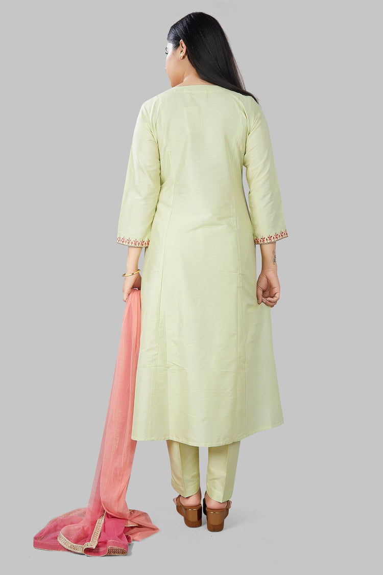 Jade Light Green Cotton Silk Embroidered Suit Set