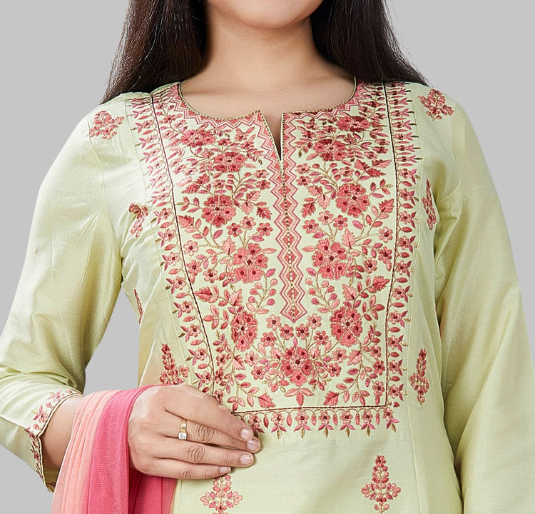 Jade Light Green Cotton Silk Embroidered Suit Set