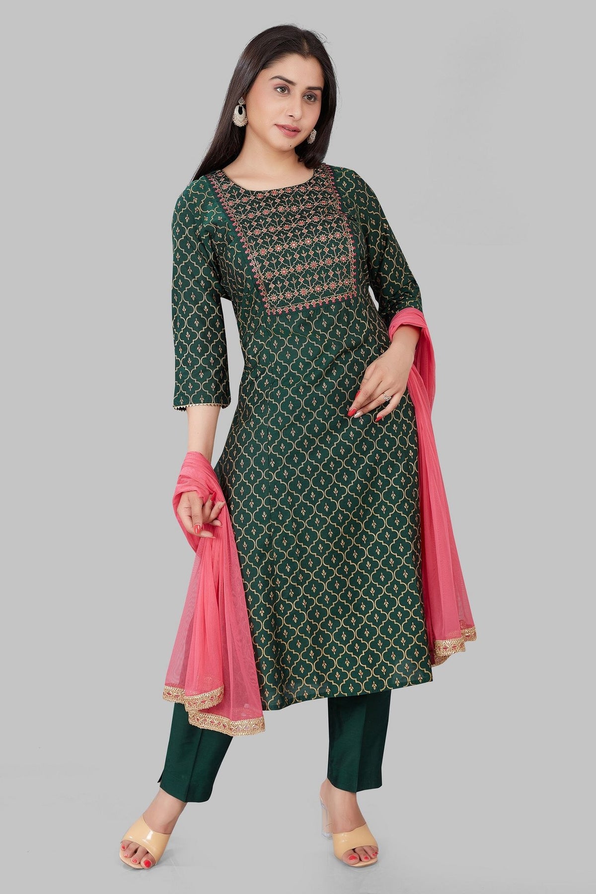 Jadwa Dark Green Cotton Silk Embroidered Suit Set