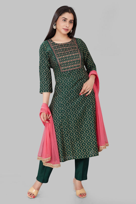 Jadwa Dark Green Cotton Silk Embroidered Suit Set
