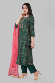 Jadwa Dark Green Cotton Silk Embroidered Suit Set