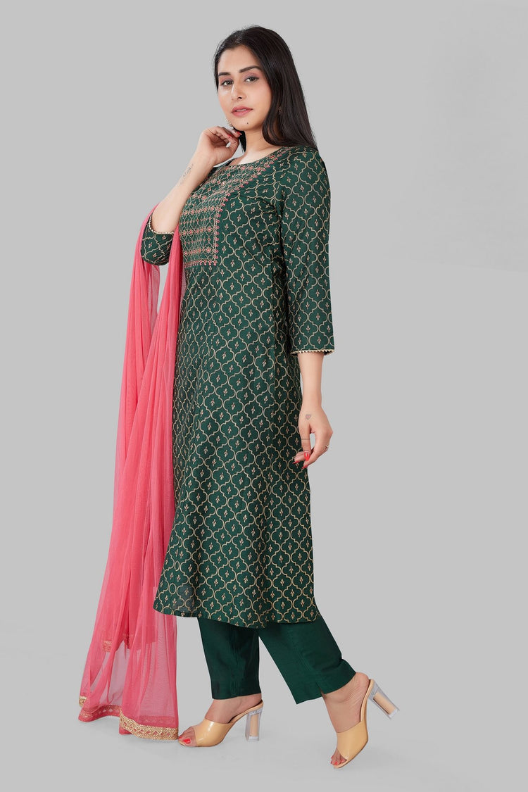 Jadwa Dark Green Cotton Silk Embroidered Suit Set