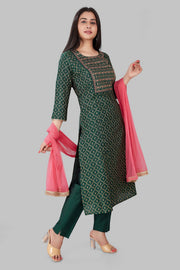 Jadwa Dark Green Cotton Silk Embroidered Suit Set
