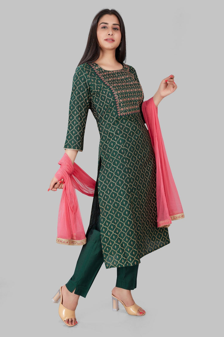 Jadwa Dark Green Cotton Silk Embroidered Suit Set