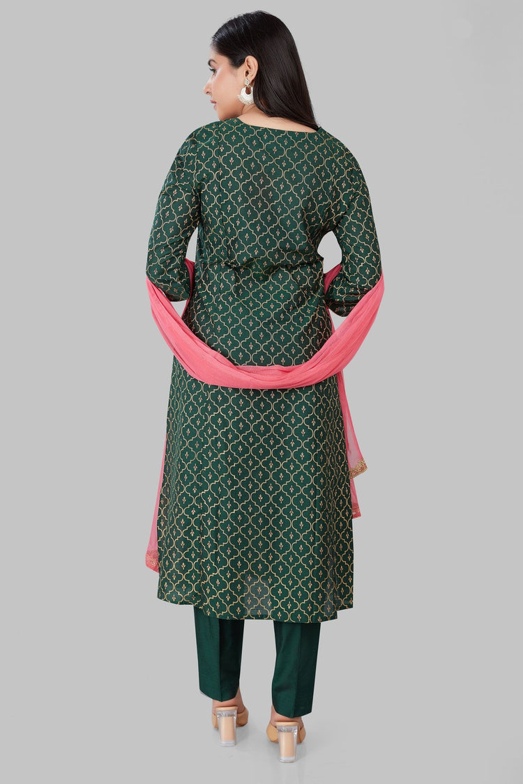 Jadwa Dark Green Cotton Silk Embroidered Suit Set