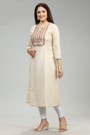 Cream Cotton Straight Embroidered Kurta