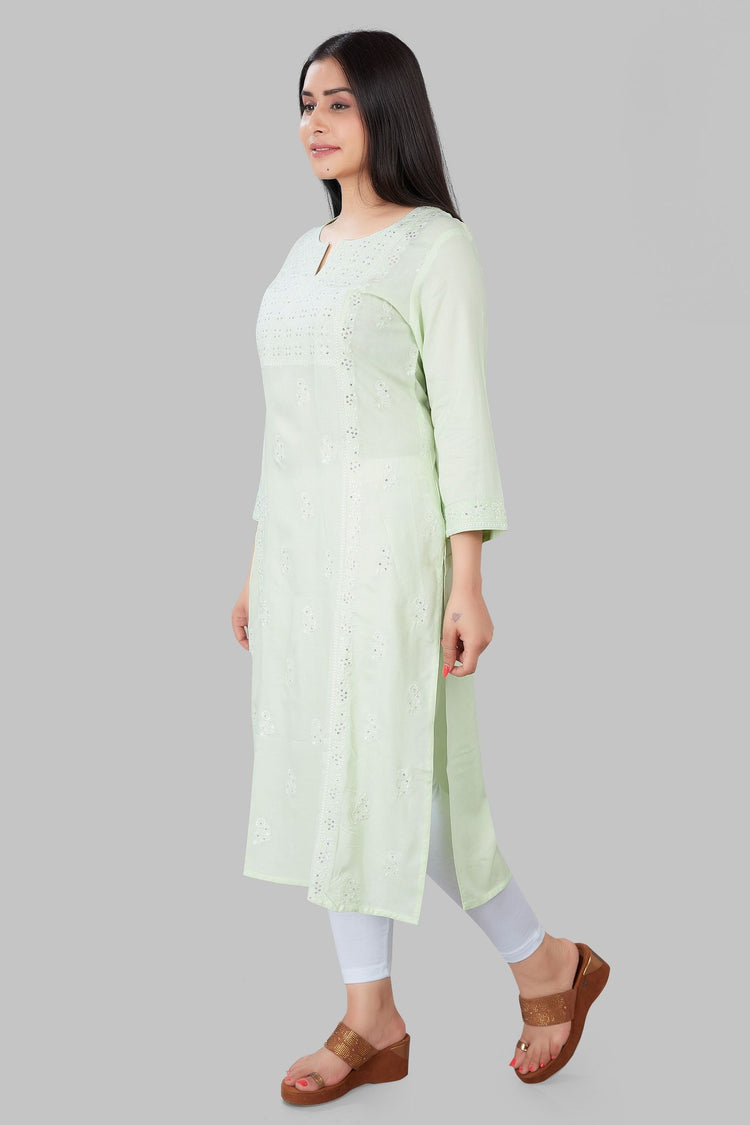 Karimah Light Green Rayon Embroidered Kurti