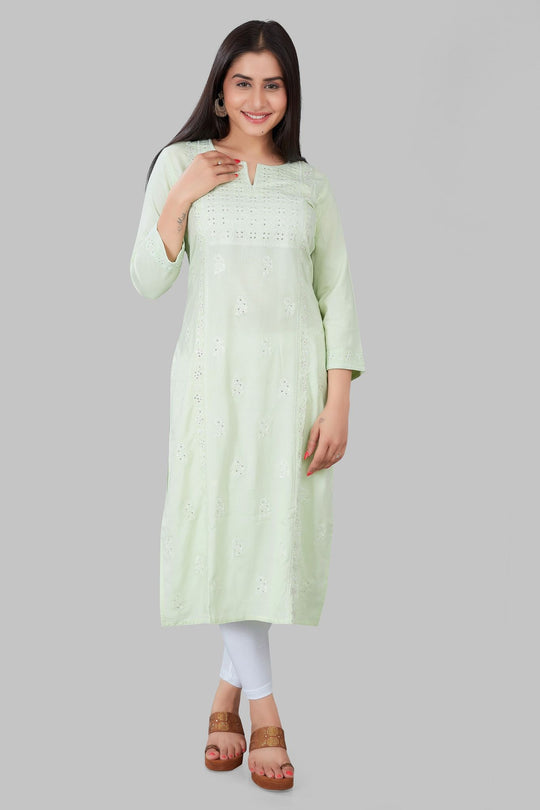 Karimah Light Green Rayon Embroidered Kurti