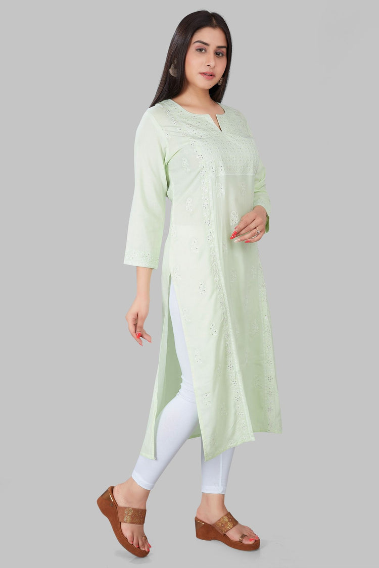 Karimah Light Green Rayon Embroidered Kurti