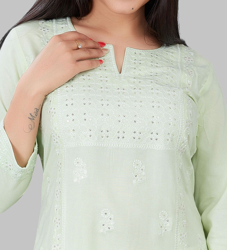 Karimah Light Green Rayon Embroidered Kurti