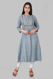 Kausar Gray Cotton Embroidered A-Line Kurta