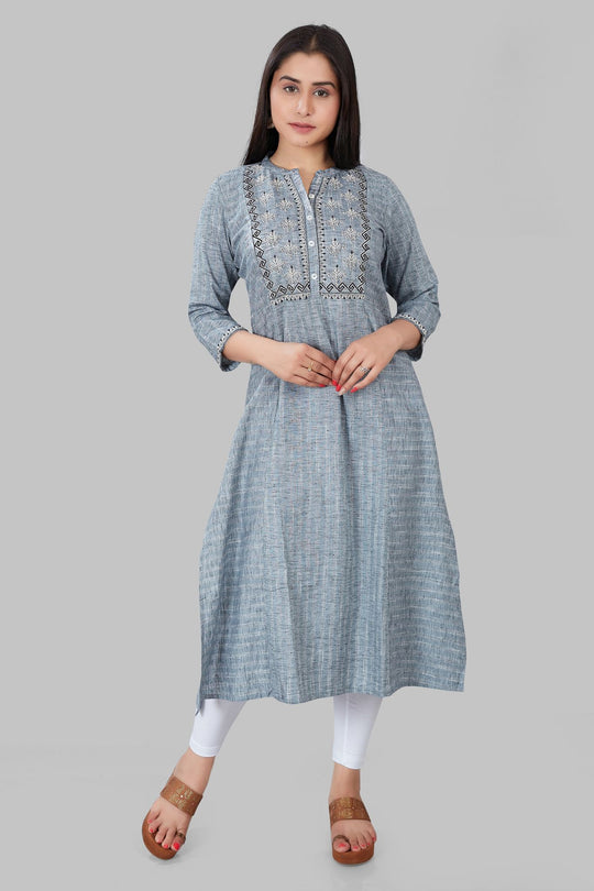 Kausar Gray Cotton Embroidered A-Line Kurta