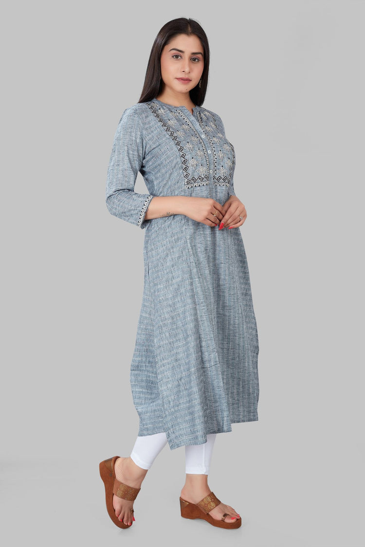 Kausar Gray Cotton Embroidered A-Line Kurta