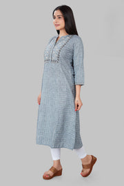 Kausar Gray Cotton Embroidered A-Line Kurta