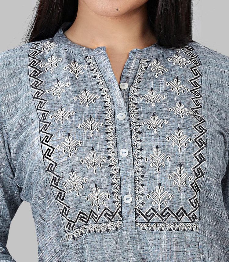 Kausar Gray Cotton Embroidered A-Line Kurta