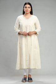 Cream Cotton A Line Gathered Kurta